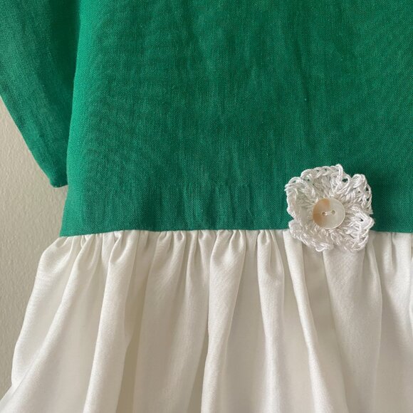 Handmade Children's Green White Linen Viscose Cotton Crochet Flower Dress - Picture 7 of 14
